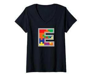 Mujer Monograma E en Piezas de Rompecabezas Multicolor V2 Camiseta Cuello V