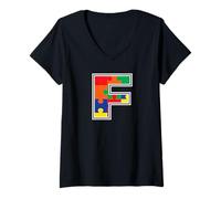 Mujer Monograma F en Piezas de Rompecabezas Multicolor V2 Camiseta Cuello V