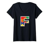 Mujer Monograma F en Piezas de Rompecabezas Multicolor V2 Camiseta Cuello V