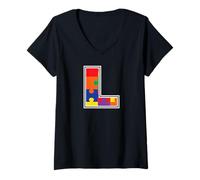 Mujer Monograma L en Piezas de Rompecabezas Multicolor V2 Camiseta Cuello V
