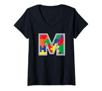Mujer Monograma M en Piezas de Rompecabezas Multicolor V2 Camiseta Cuello V
