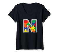 Mujer Monograma N en Piezas de Rompecabezas Multicolor V2 Camiseta Cuello V