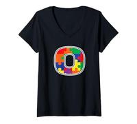 Mujer Monograma O en Piezas de Rompecabezas Multicolor V2 Camiseta Cuello V