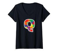 Mujer Monograma Q en Piezas de Rompecabezas Multicolor V2 Camiseta Cuello V
