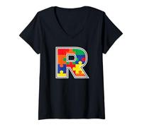 Mujer Monograma R en Piezas de Rompecabezas Multicolor V2 Camiseta Cuello V