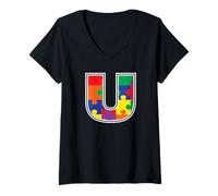Mujer Monograma U en Piezas de Rompecabezas Multicolor V2 Camiseta Cuello V