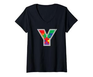 Mujer Monograma Y en Piezas de Rompecabezas Multicolor V2 Camiseta Cuello V