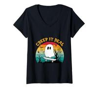 Mujer Monopatín Retro Retro Creep it Real Divertido para Halloween con Forma de Fantasma Camiseta Cuello V