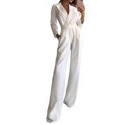 Mujer Monos Cuello en V Manga Larga Elegante Fiesta Noche Cóctel Jumpsuit Largos Pantalones de Pierna Ancha