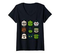 Mujer Monster Faces Pop Art Gráfico de Estilo Bloque de Halloween Camiseta Cuello V