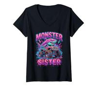Mujer Monster Sister Shark Truck Funny Pink Sibling Camiseta Cuello V
