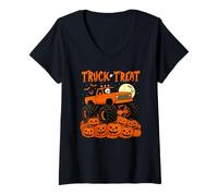 Mujer Monster Truck Or Treat Skeleton Pumpkin Halloween Niños Niñas Camiseta Cuello V
