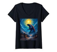 Mujer Monstruo Kaiju Bestia Masiva en Arte de Destrucción de la Ciudad Camiseta Cuello V