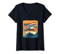 Mujer Monta la ola con esta genial bandera de tiburón y Estados Unidos Camiseta Cuello V