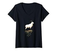 Mujer Montaña Cabra Acantilado Balance Animal Ilustración Camiseta Cuello V
