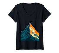 Mujer Montaña Cumbre Escalada Aventura Silueta Camiseta Cuello V