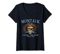 Mujer Montauk Long Island NY - Calavera Pirata Desde 1686, Color Cian Camiseta Cuello V