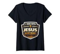 Mujer Monto con Jesús en mi corazón Motocicleta Motocicleta MX Camiseta Cuello V