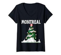 Mujer Montreal Skyline Canadá Bandera Canadiense Árbol de Navidad Amor Camiseta Cuello V