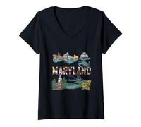 Mujer Monumentos emblemáticos de Maryland | Blue Crab State Pride Vintage Travel Camiseta Cuello V