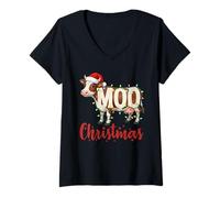 Mujer MOO Christmas Lights Funny Cow Lovers Cattle Famer Farming Camiseta Cuello V