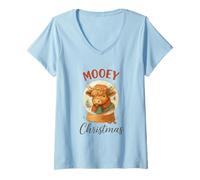 Mujer Mooey Christmas Highland Cow Snow Globe Cozy Holiday Camiseta Cuello V