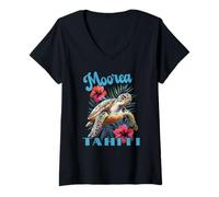 Mujer Moorea Tahiti Polinesia Francesa Tortuga Marina E Hibisco Camiseta Cuello V