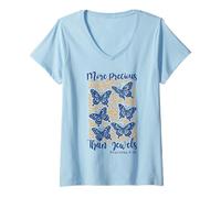 Mujer More Precious Than Jewels Proverbios Versículo de la Biblia Mariposas Camiseta Cuello V