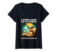Mujer Morkie Dog Divertido con diseño «I Work Hard» de Morkie Lover Camiseta Cuello V