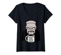 Mujer Morning Bad Coffee, Buen Divertido, Espeluznante Monstruo reanimado Camiseta Cuello V