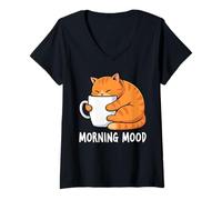 Mujer Morning Mood Cat Lovers Café Diseño Lindo Camiseta Cuello V