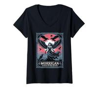 Mujer Morrigan diosa de la guerra y el destino con cuervos y alas Camiseta Cuello V