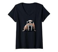 Mujer Morsa con gafas de sol - Divertido animal del océano lindo Camiseta Cuello V
