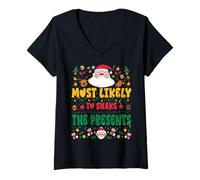 Mujer Most Likely To Shake The Presents Outfit Funny Xmas Pajamas Camiseta Cuello V