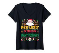 Mujer Most Likely To Take Too Many Pictures Outfit Funny Xmas Camiseta Cuello V