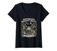 Mujer Mothman's Midnight Library Cryptid Night Reader Fantasía Camiseta Cuello V