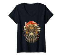 Mujer Motocicleta de Gato Samurais japonés Kawaii Ninja Cat Anime Camiseta Cuello V