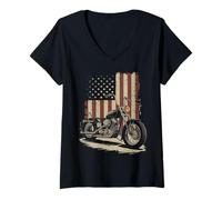 Mujer Motocicleta vintage Flagar American Biker Art Camiseta Cuello V