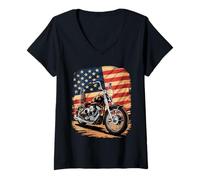 Mujer Motocicleta vintage Flagar American Biker Art Camiseta Cuello V