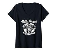 Mujer Motociclista Cristiano Tatuado Gracia Perdón Camiseta Cuello V