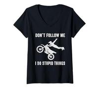 Mujer Motocross Divertido con Texto en inglés Don't Follow Me I Do Stupid Things Camiseta Cuello V