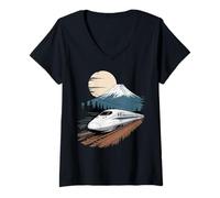 Mujer Mount Fuji Bullet Train Shinkansen Japan View Camiseta Cuello V
