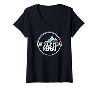 Mujer Mountain Biking Cyclist Eat Sleep Pedal Repeat Camiseta Cuello V
