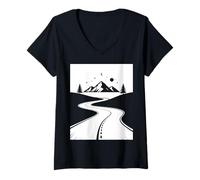 Mujer Mountain Road Night Sky Wanderlust Biker Diseño Gráfico Camiseta Cuello V
