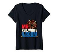 Mujer Mr Red White and Boom Funny Julio 4th Parejas a Juego EE. UU Camiseta Cuello V