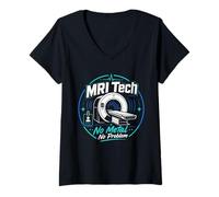 Mujer MRI Tech Ningún Metal ningún Problema Imágenes de resonancia médica Divertida Camiseta Cuello V