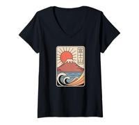 Mujer MT Fuji Japón Vintage Kawaguchi Lake Sun Retro Kanji Diseño Camiseta Cuello V