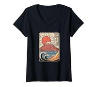 Mujer MT Fuji Japón Vintage Kawaguchi Lake Sun Retro Kanji Diseño Camiseta Cuello V