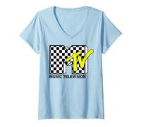 Mujer MTV Classic Checkerboard and Neon Yellow Logo Camiseta Cuello V