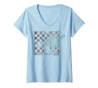 Mujer MTV Distressed Checkerboard and Tea Logo Retro Camiseta Cuello V